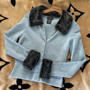 Bebe Baby blue removable fur cardigan sweater